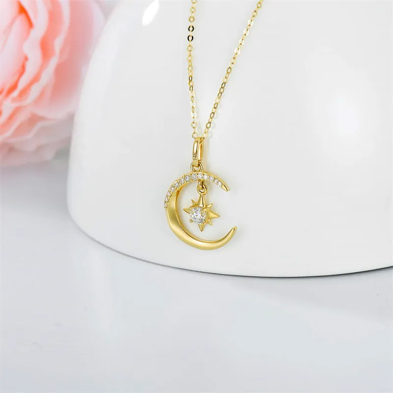 14k Gold Moon Necklace for Women, Real Gold Moon and North Star Pendant with Chain, Jewelry Gifts for Her, 16+1+1 Inch