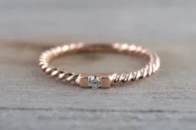 14k Solid Rose Gold Past Present Future Stackable Diamond Hammered Textured Rope Twist Band Braided Ring Dainty