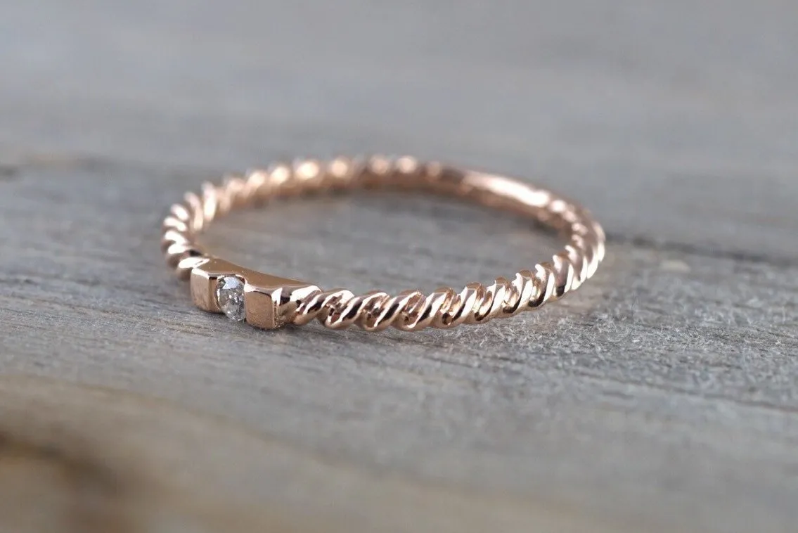 14k Solid Rose Gold Past Present Future Stackable Diamond Hammered Textured Rope Twist Band Braided Ring Dainty