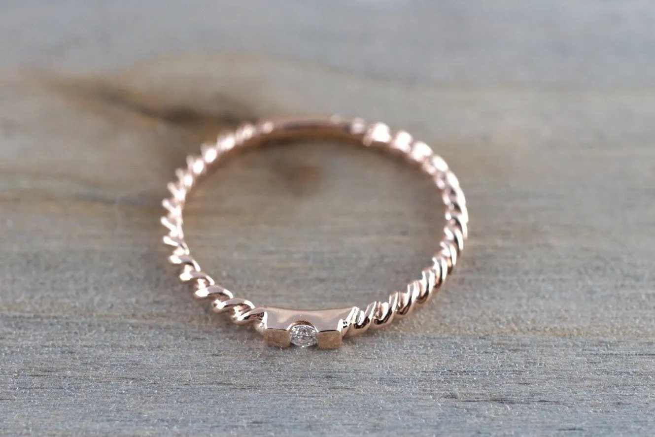 14k Solid Rose Gold Past Present Future Stackable Diamond Hammered Textured Rope Twist Band Braided Ring Dainty