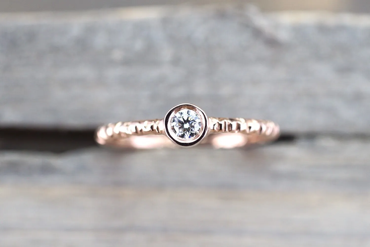 14k Solid Rose Gold Round Bezel Diamond Ring Engagement Wedding Fashion Stack Band Hammered Dainty Textured