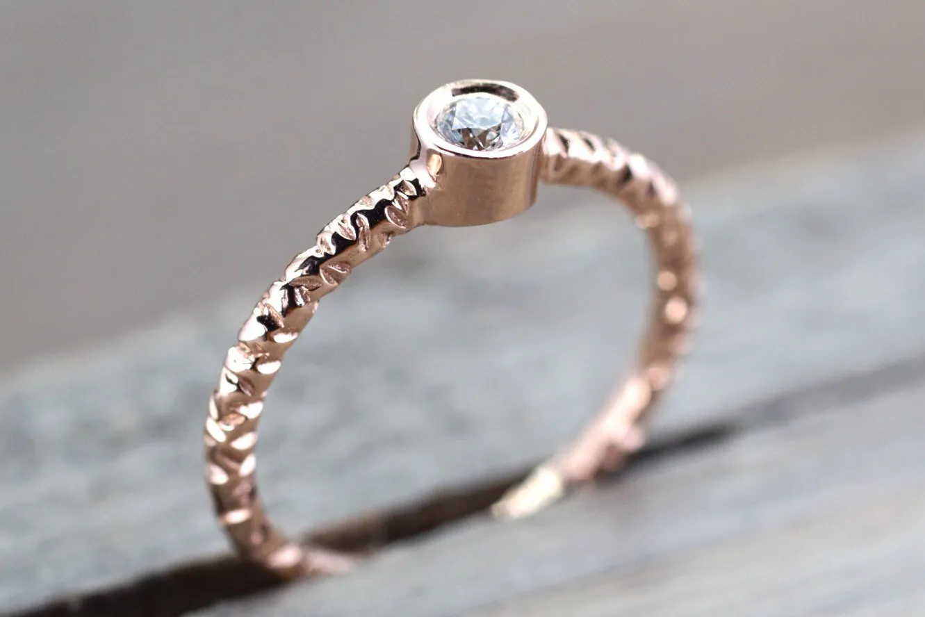 14k Solid Rose Gold Round Bezel Diamond Ring Engagement Wedding Fashion Stack Band Hammered Dainty Textured