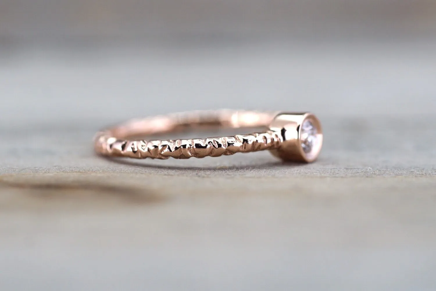 14k Solid Rose Gold Round Bezel Diamond Ring Engagement Wedding Fashion Stack Band Hammered Dainty Textured