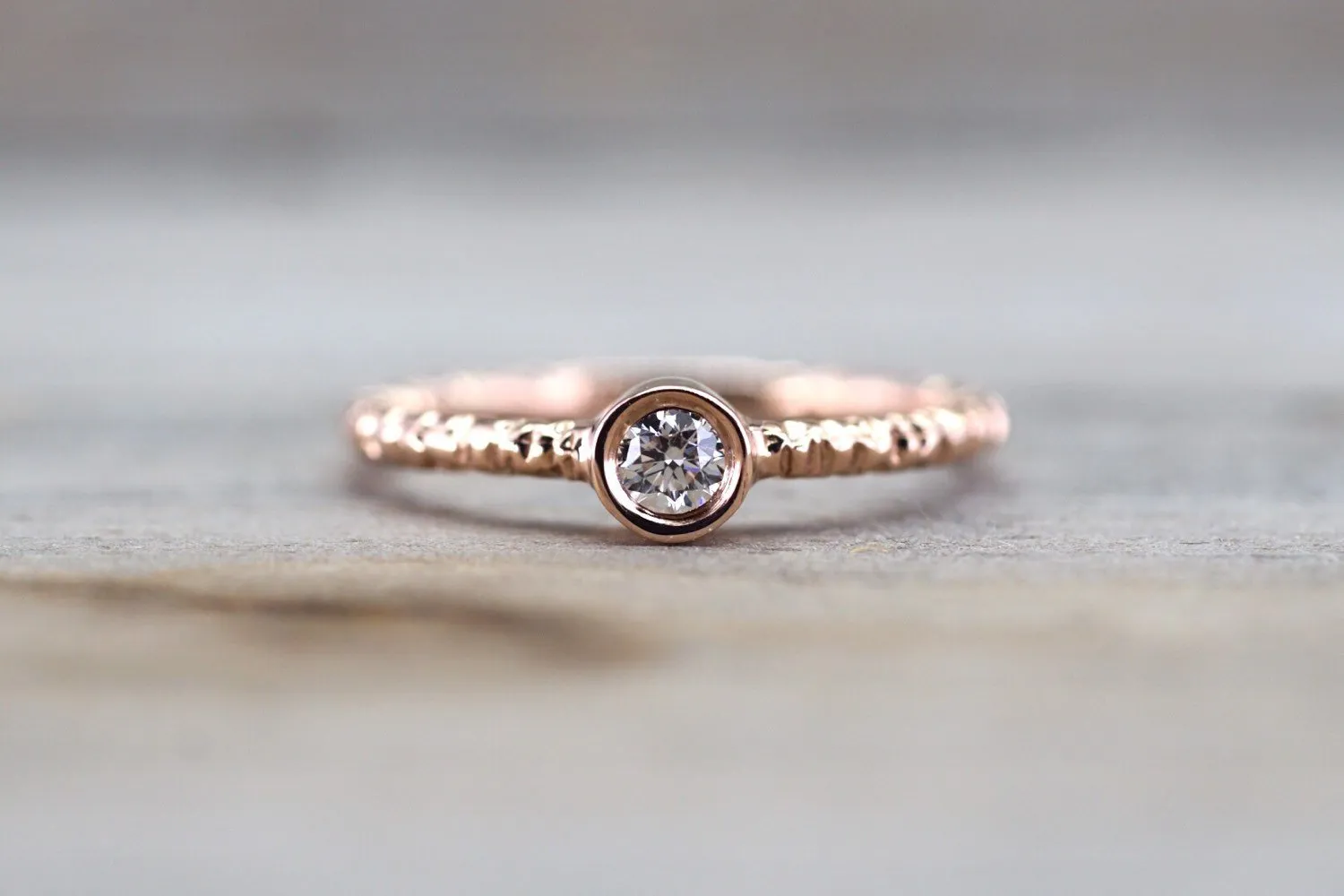 14k Solid Rose Gold Round Bezel Diamond Ring Engagement Wedding Fashion Stack Band Hammered Dainty Textured