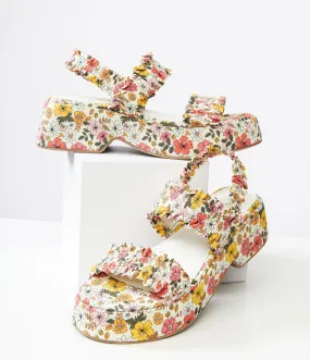 1970s White Floral Jean Platform Sandals