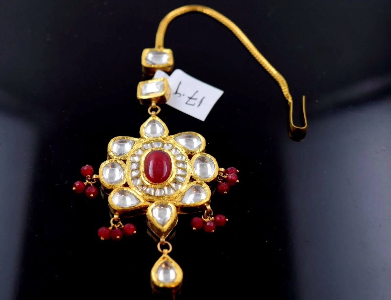 22k 22ct Yellow Gold ELEGANT KUNDAN RUBY STONE MANG TIKKA TIKA BRIDAL WOMAN T7