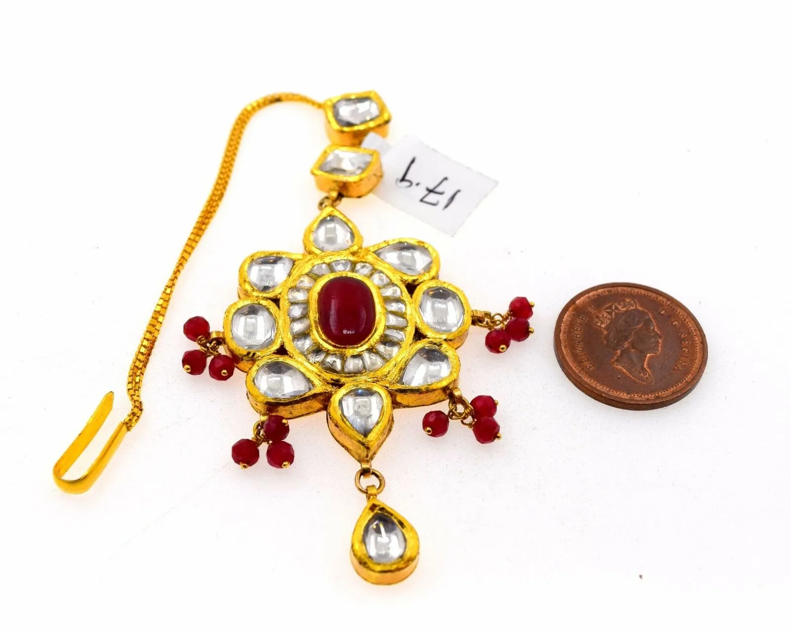 22k 22ct Yellow Gold ELEGANT KUNDAN RUBY STONE MANG TIKKA TIKA BRIDAL WOMAN T7