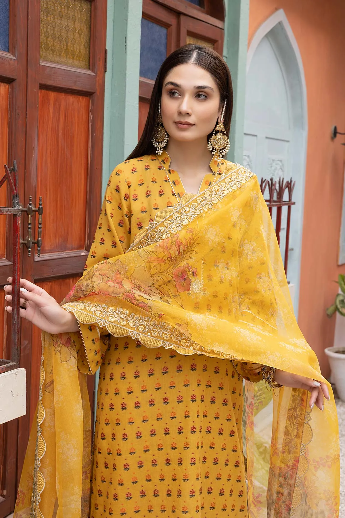 3-Pc Cotton Broshia Shirt With Cotton Trouser and Cotton Net Printed Dupatta CPM23-31