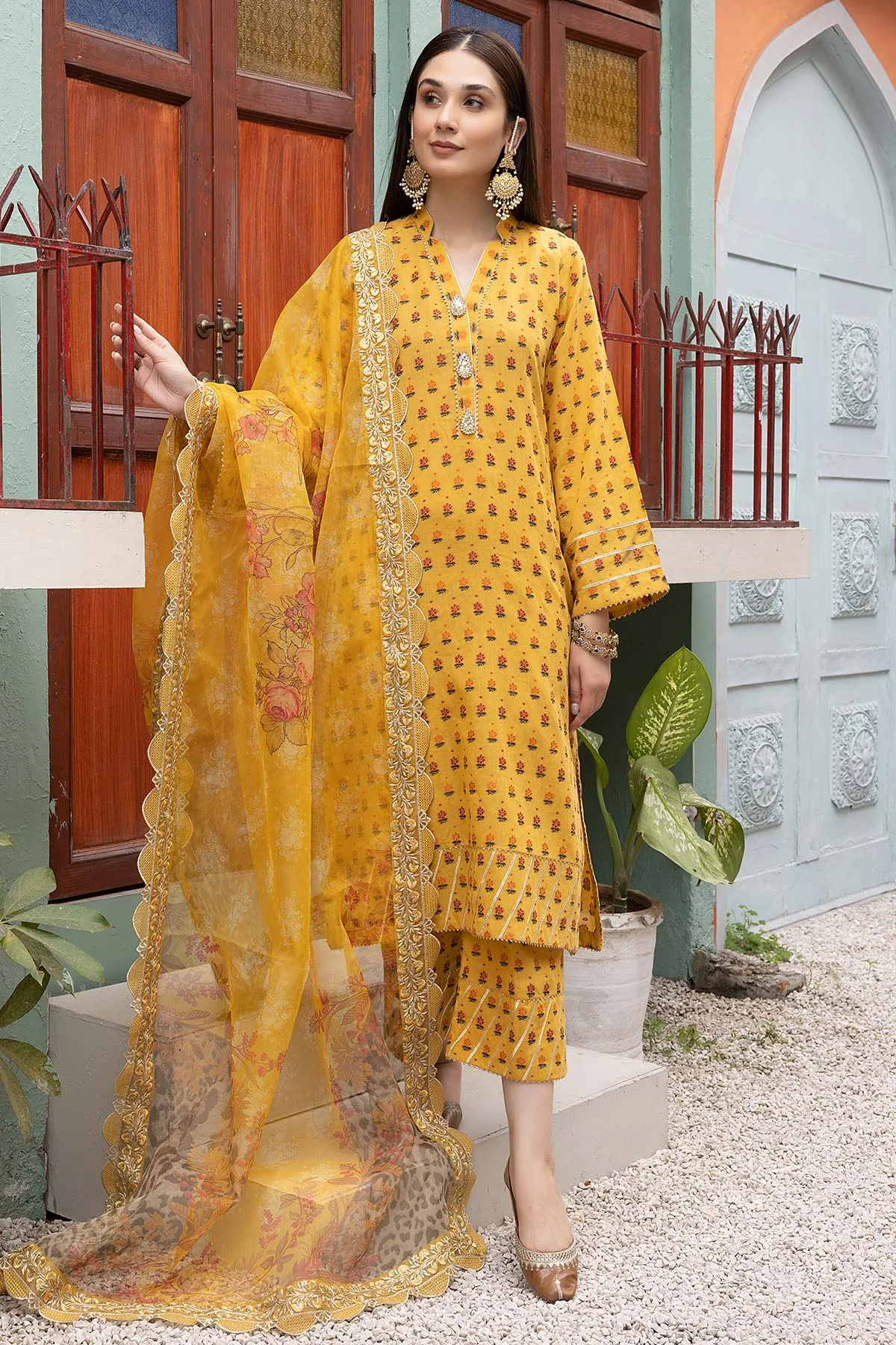 3-Pc Cotton Broshia Shirt With Cotton Trouser and Cotton Net Printed Dupatta CPM23-31