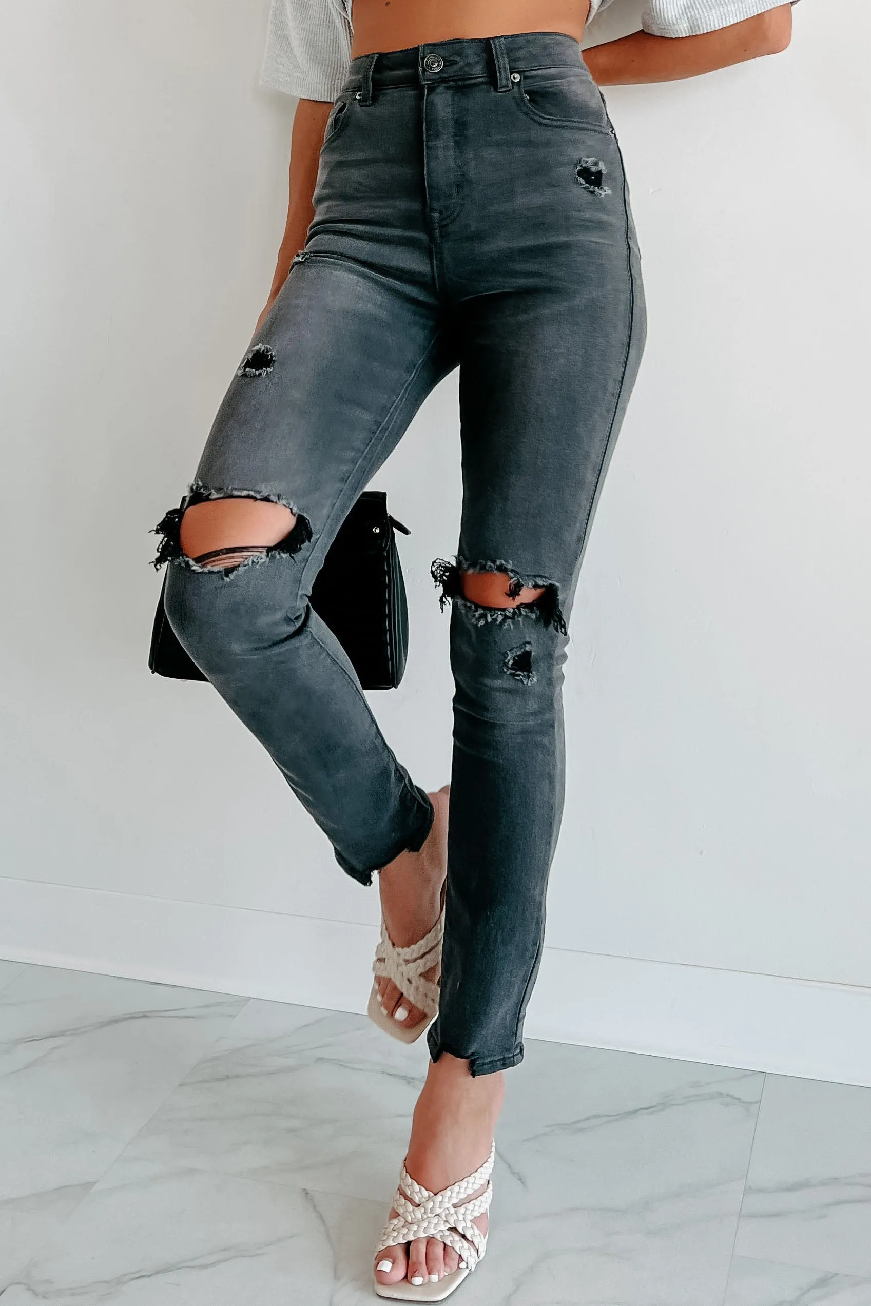 A Little Unstable High Rise Distressed Skinny Jeans (Grey)