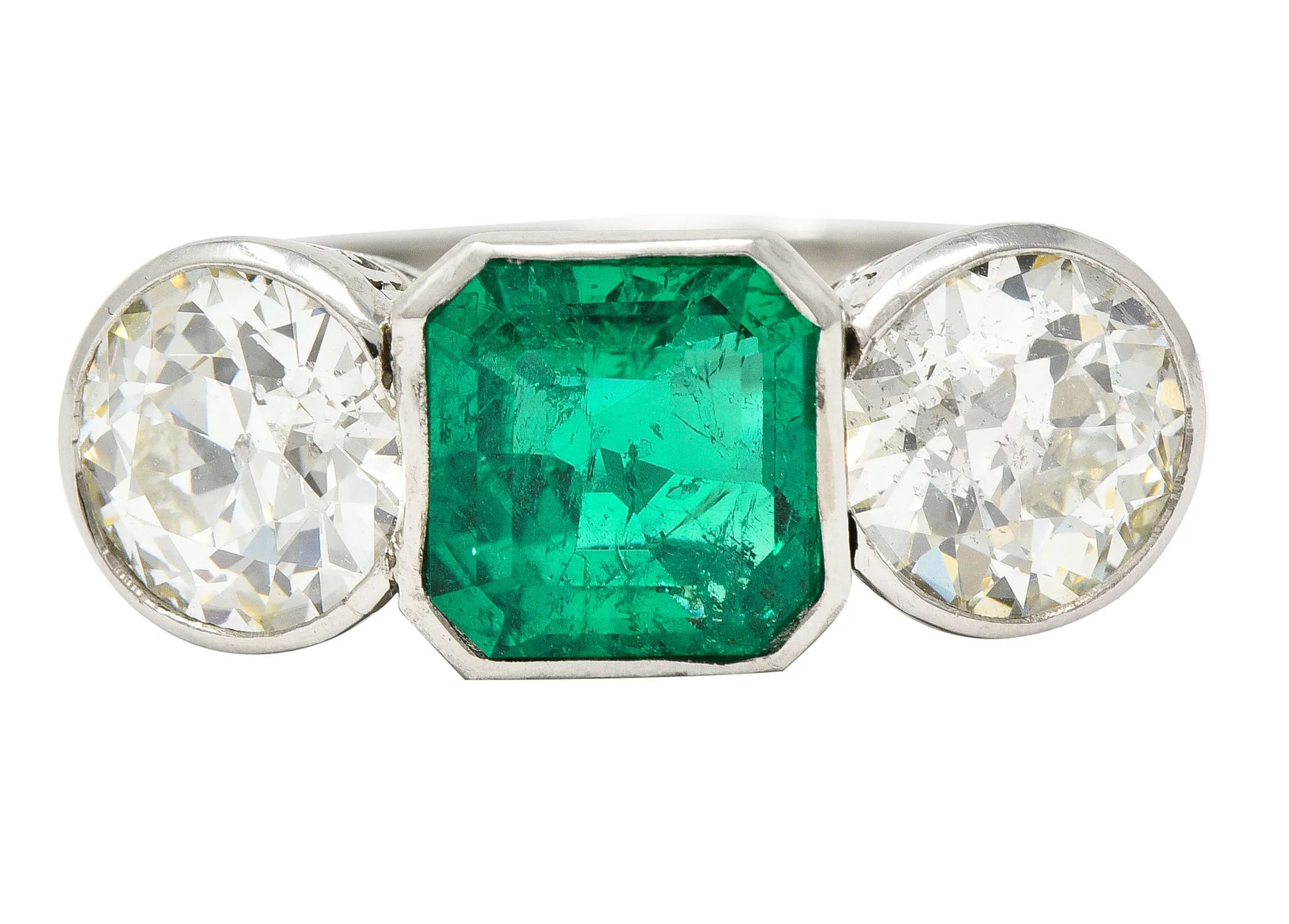 Art Deco 5.02 CTW Colombian Emerald Old European Cut Diamond Platinum Greek Key Three Stone Ring AGL