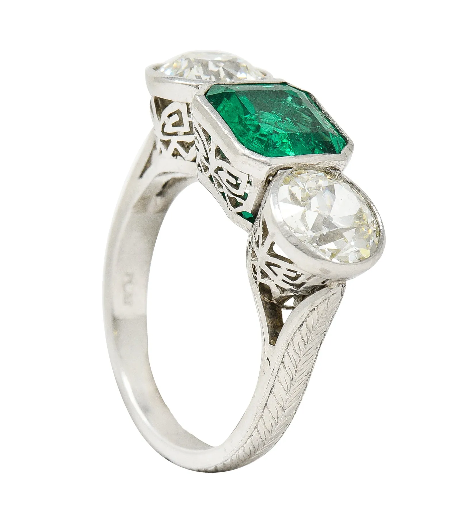 Art Deco 5.02 CTW Colombian Emerald Old European Cut Diamond Platinum Greek Key Three Stone Ring AGL