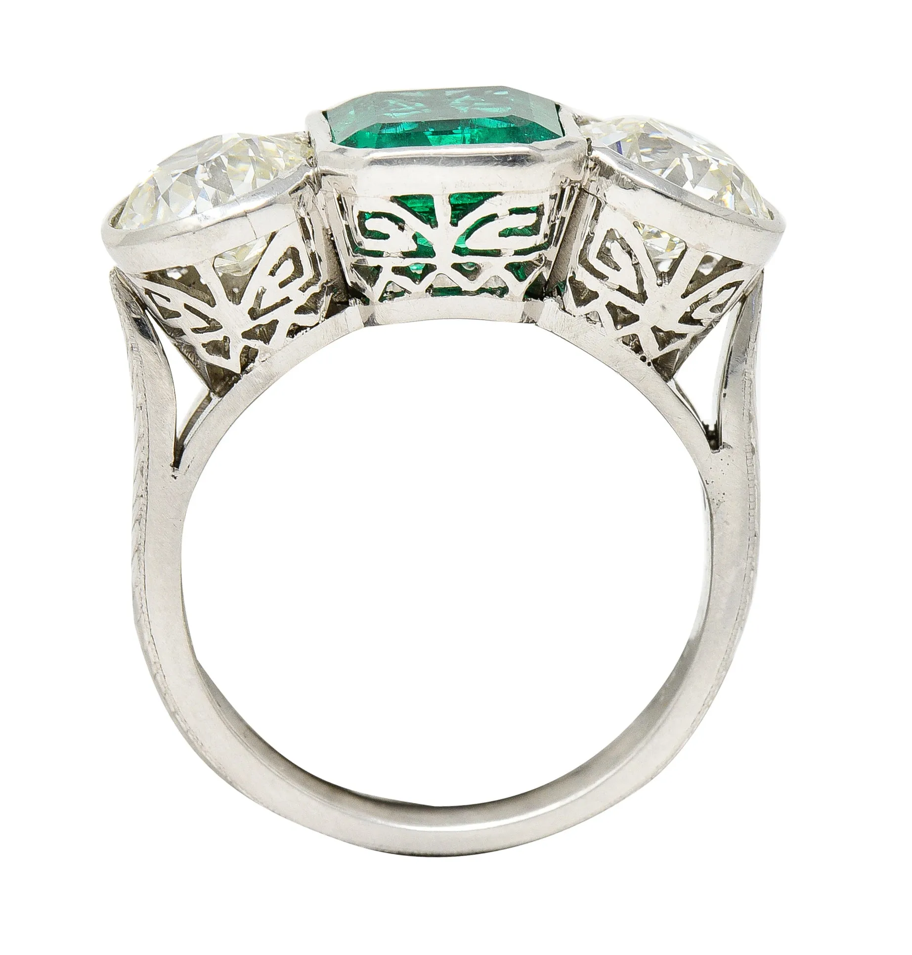 Art Deco 5.02 CTW Colombian Emerald Old European Cut Diamond Platinum Greek Key Three Stone Ring AGL