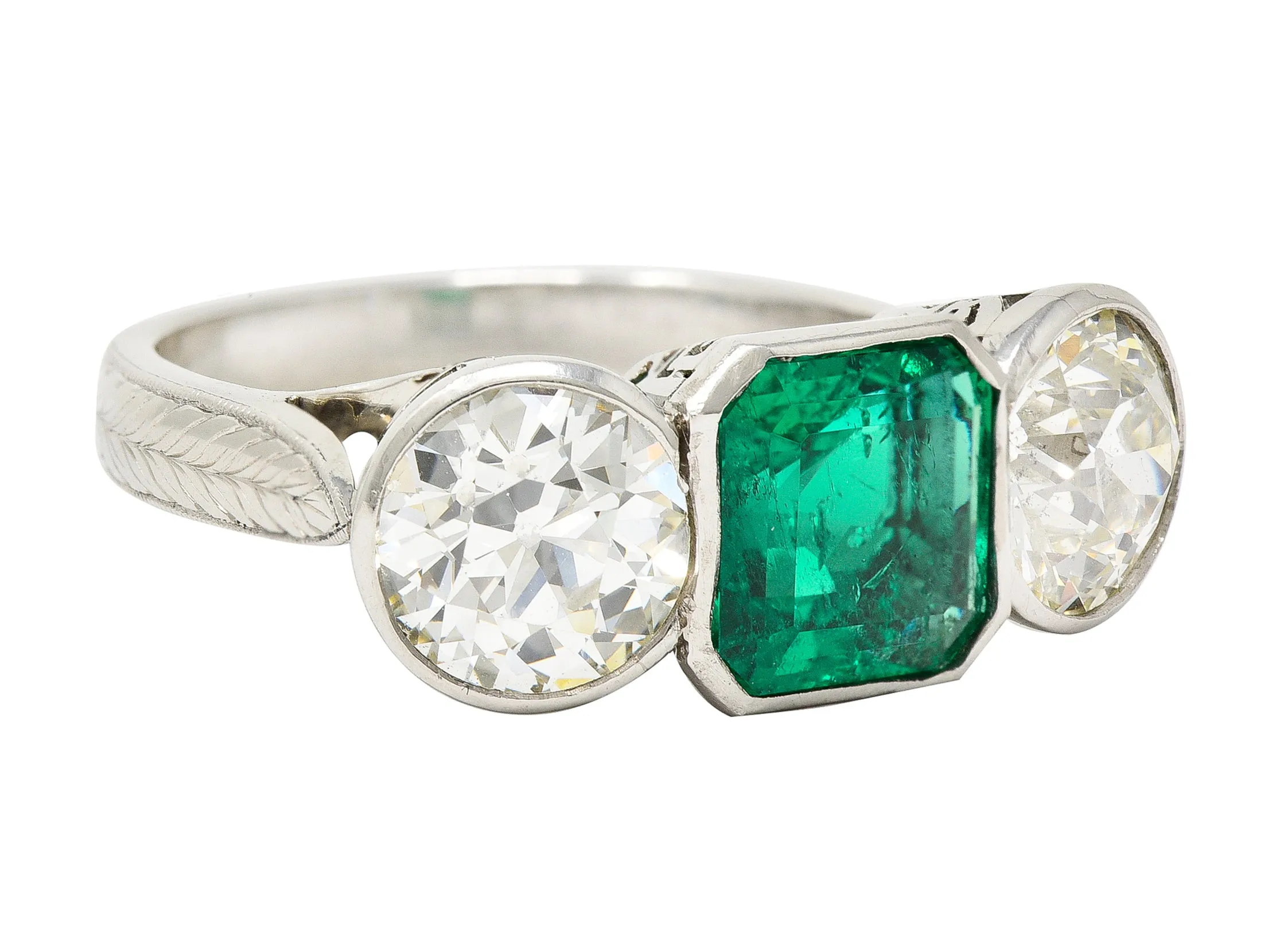 Art Deco 5.02 CTW Colombian Emerald Old European Cut Diamond Platinum Greek Key Three Stone Ring AGL