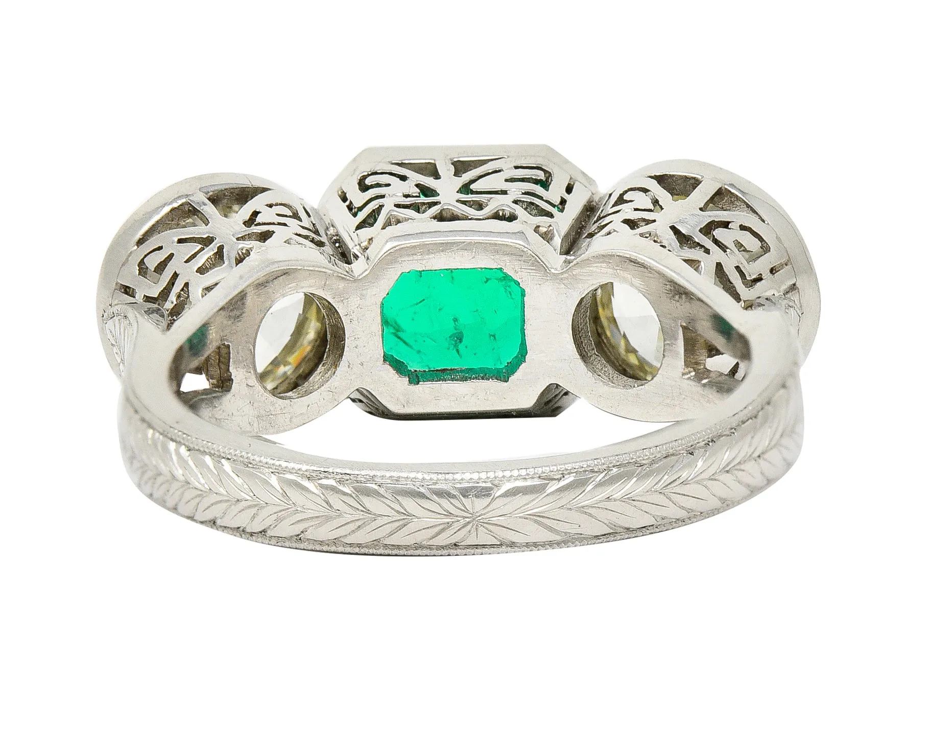 Art Deco 5.02 CTW Colombian Emerald Old European Cut Diamond Platinum Greek Key Three Stone Ring AGL