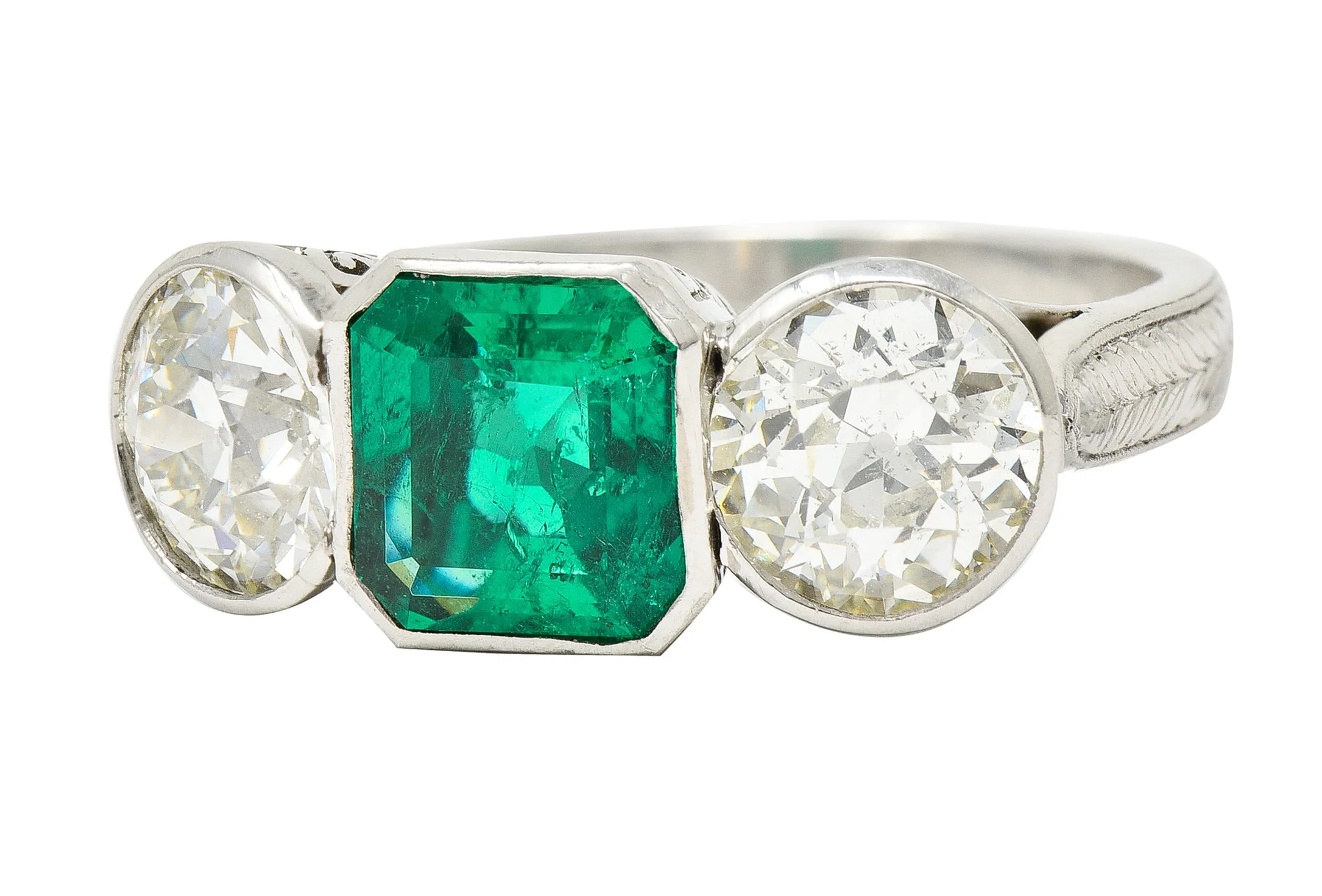 Art Deco 5.02 CTW Colombian Emerald Old European Cut Diamond Platinum Greek Key Three Stone Ring AGL