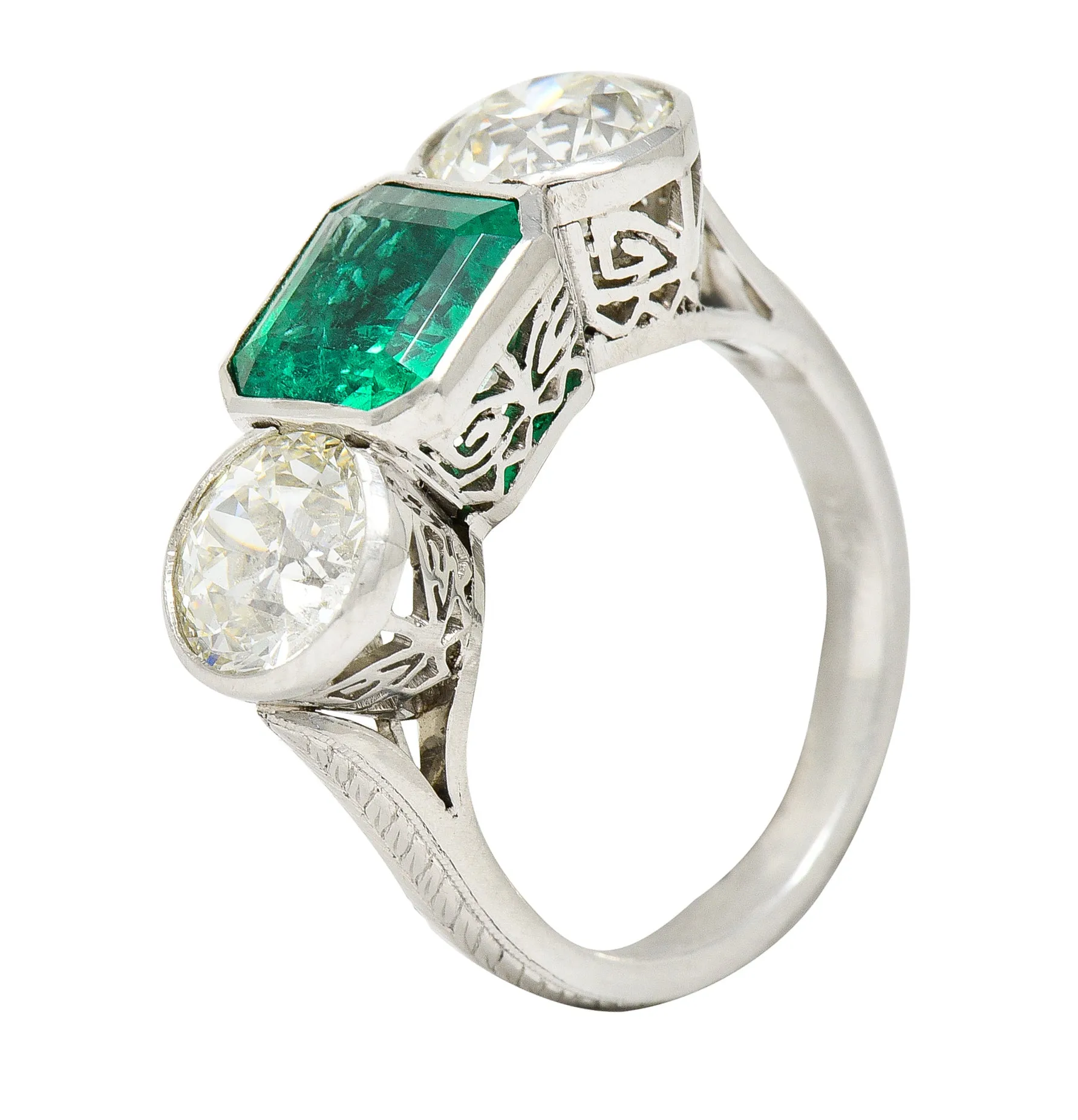 Art Deco 5.02 CTW Colombian Emerald Old European Cut Diamond Platinum Greek Key Three Stone Ring AGL