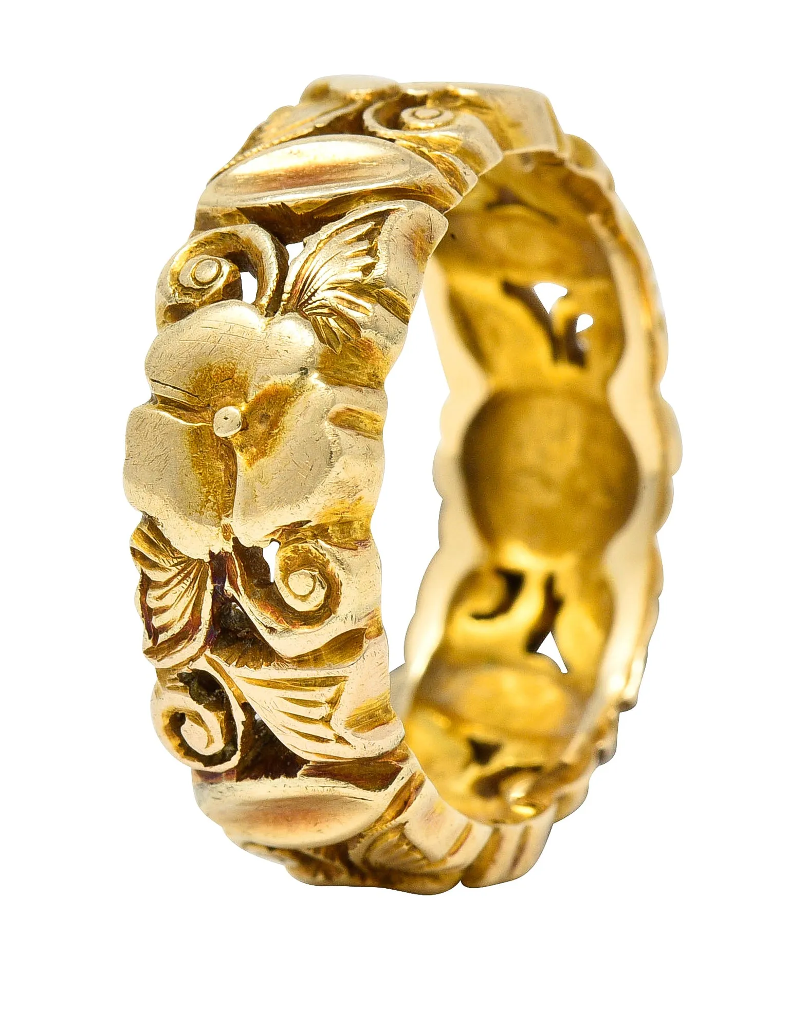 Art Nouveau 14 Karat Yellow Gold Pansy Antique Floral Eternity Band Ring