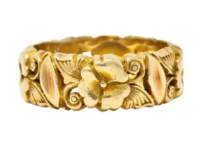 Art Nouveau 14 Karat Yellow Gold Pansy Antique Floral Eternity Band Ring