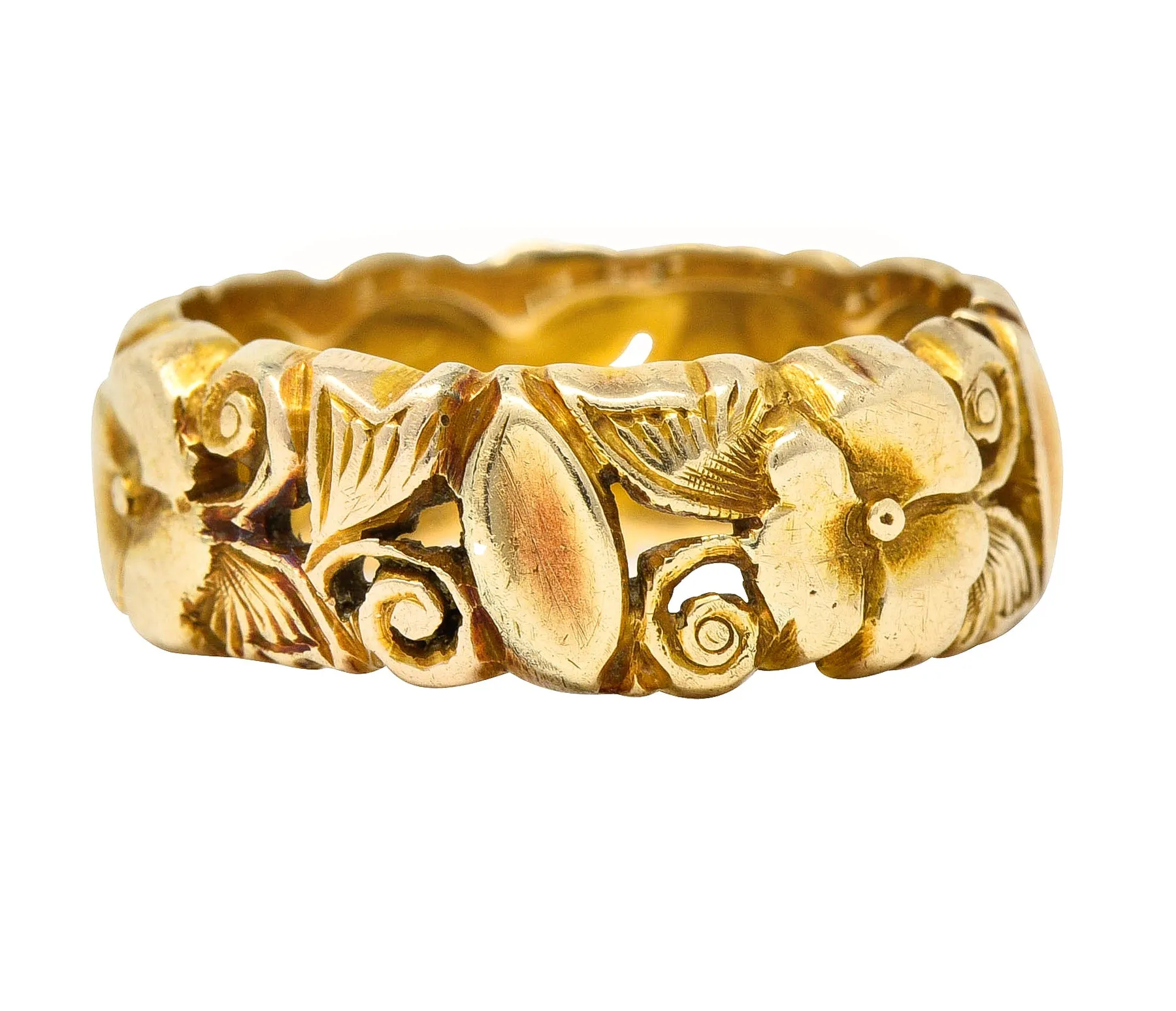 Art Nouveau 14 Karat Yellow Gold Pansy Antique Floral Eternity Band Ring