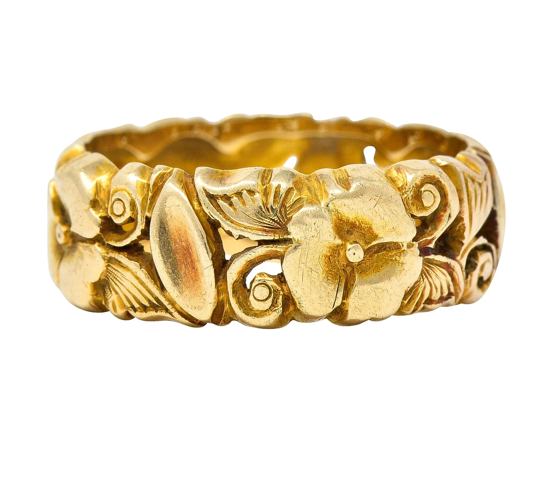 Art Nouveau 14 Karat Yellow Gold Pansy Antique Floral Eternity Band Ring