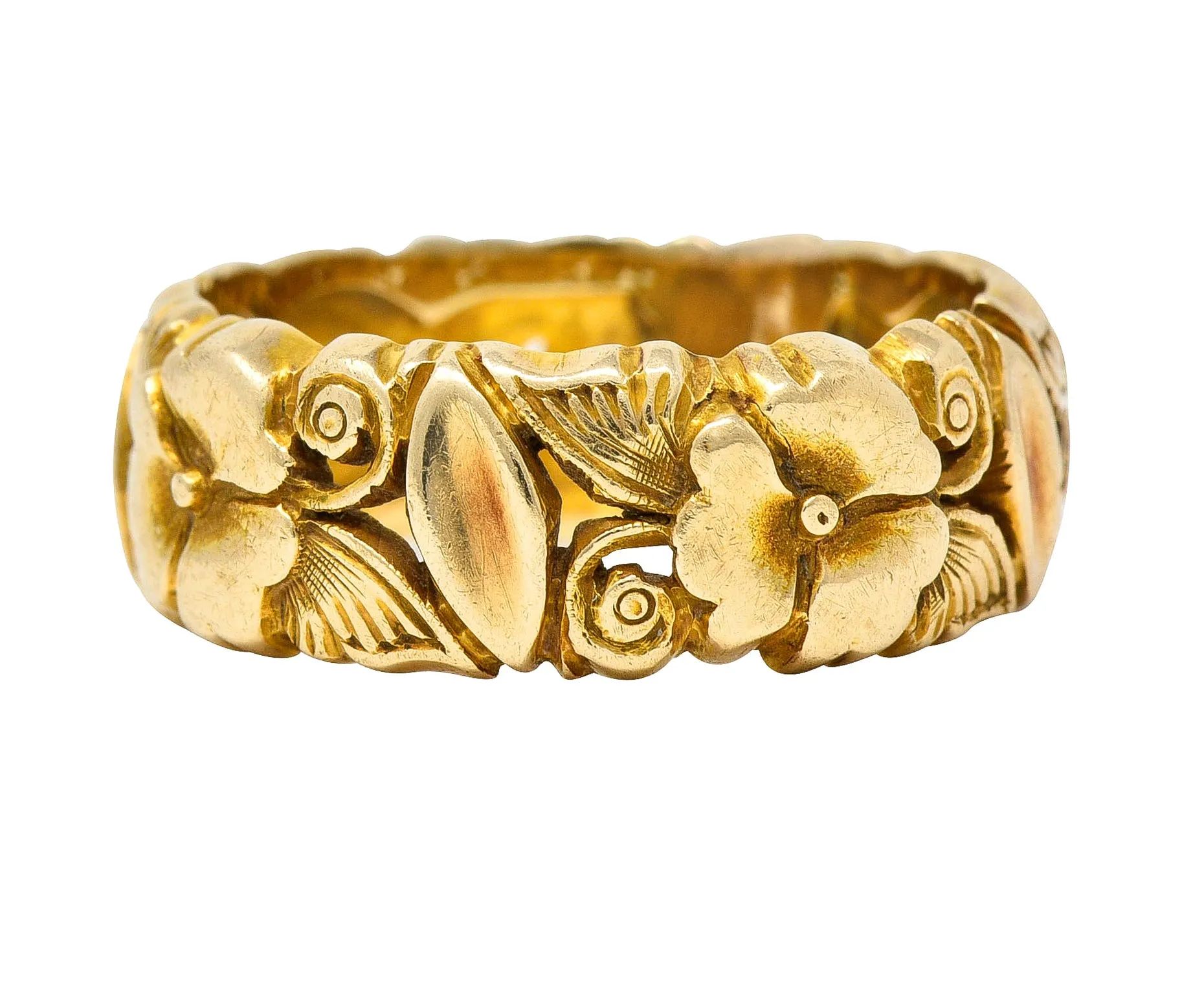 Art Nouveau 14 Karat Yellow Gold Pansy Antique Floral Eternity Band Ring