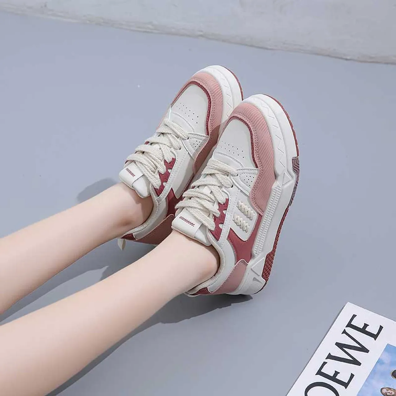 Beige pink mini strap accents casual shoe sneaker