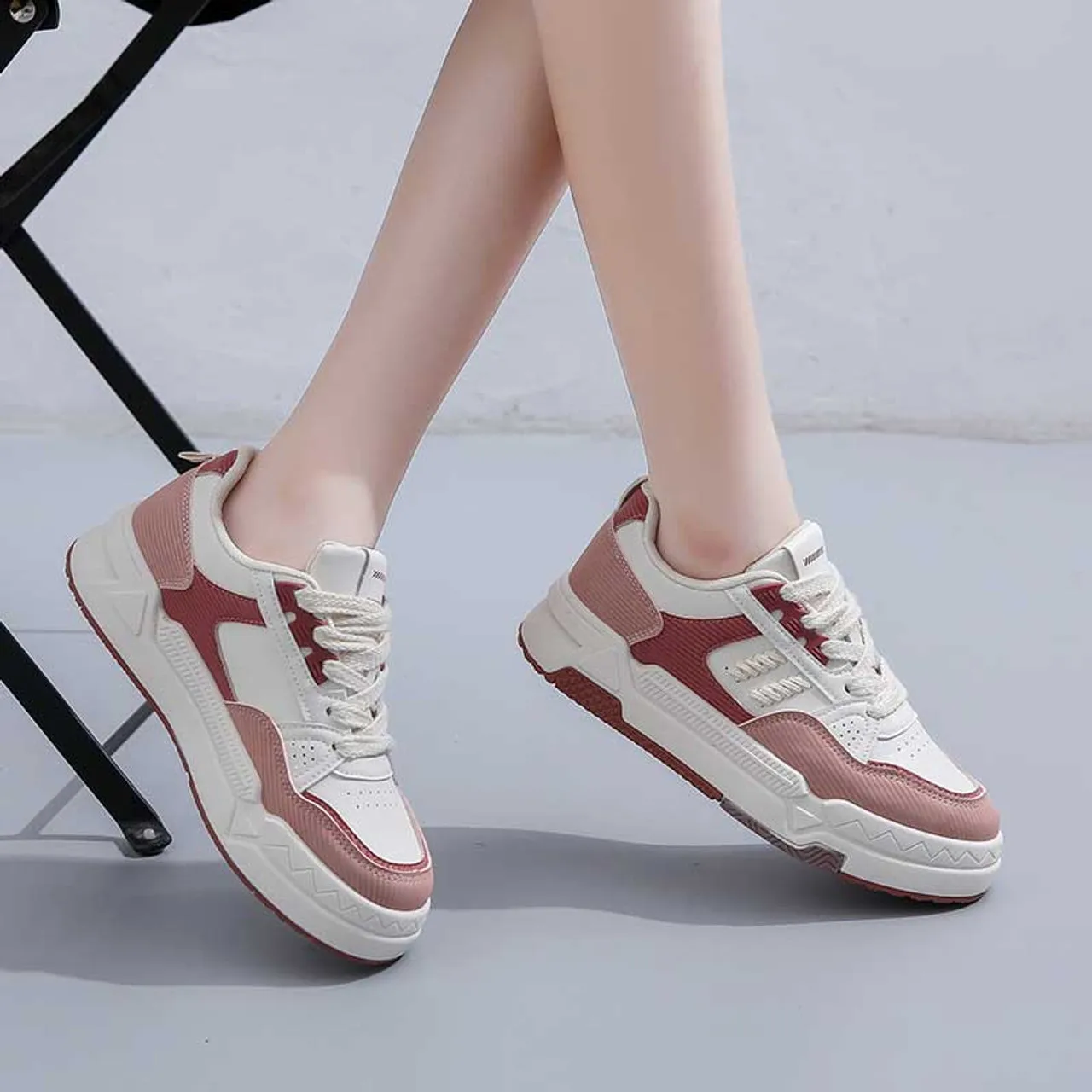 Beige pink mini strap accents casual shoe sneaker