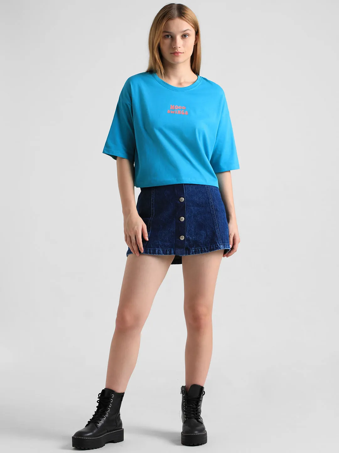 Blue Text Print Boxy Fit T-shirt