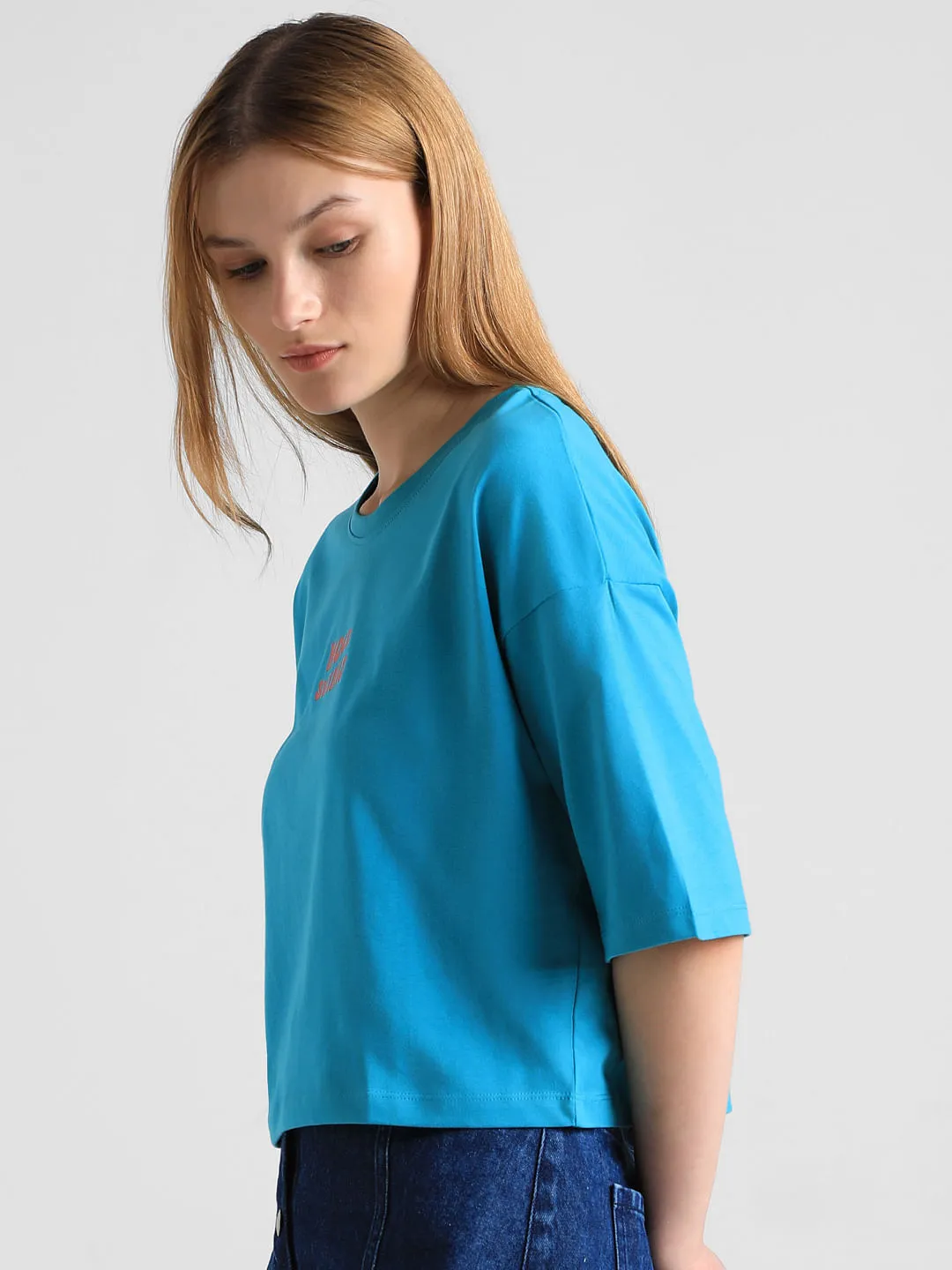 Blue Text Print Boxy Fit T-shirt