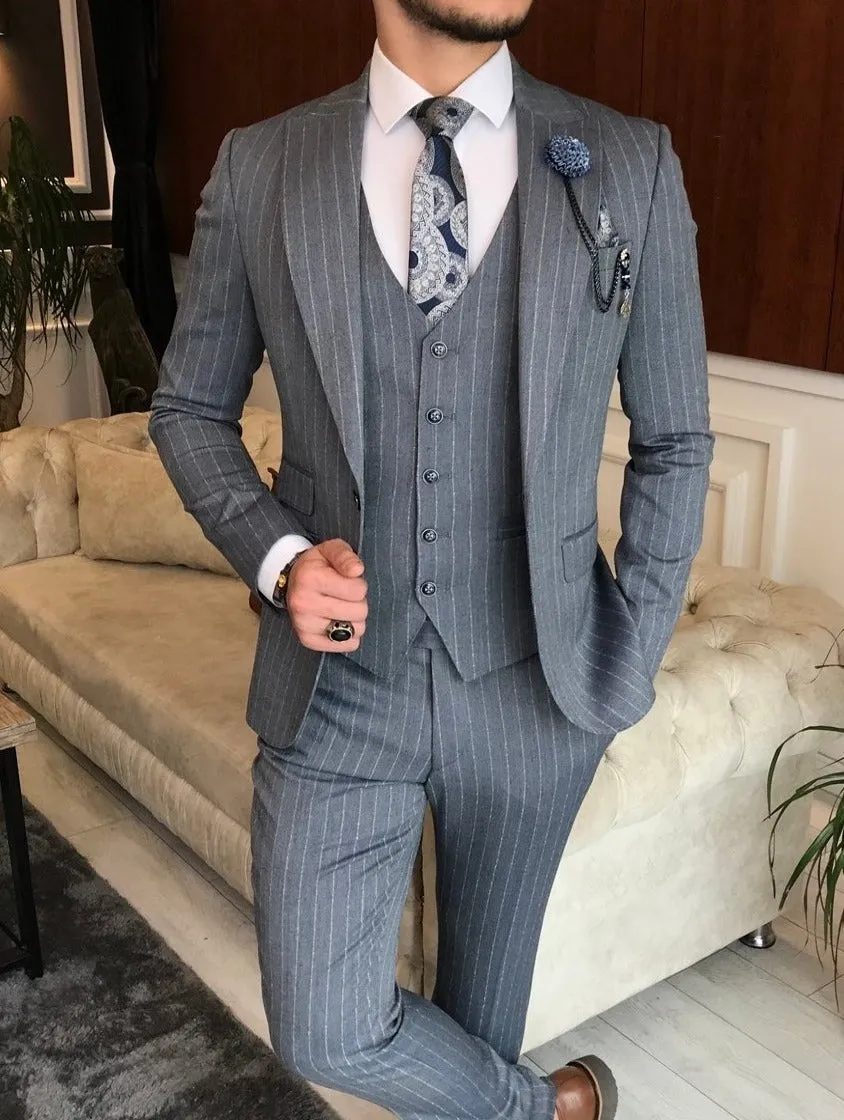 Bojoni Grey Striped Slim-Fit Suit 3-Piece