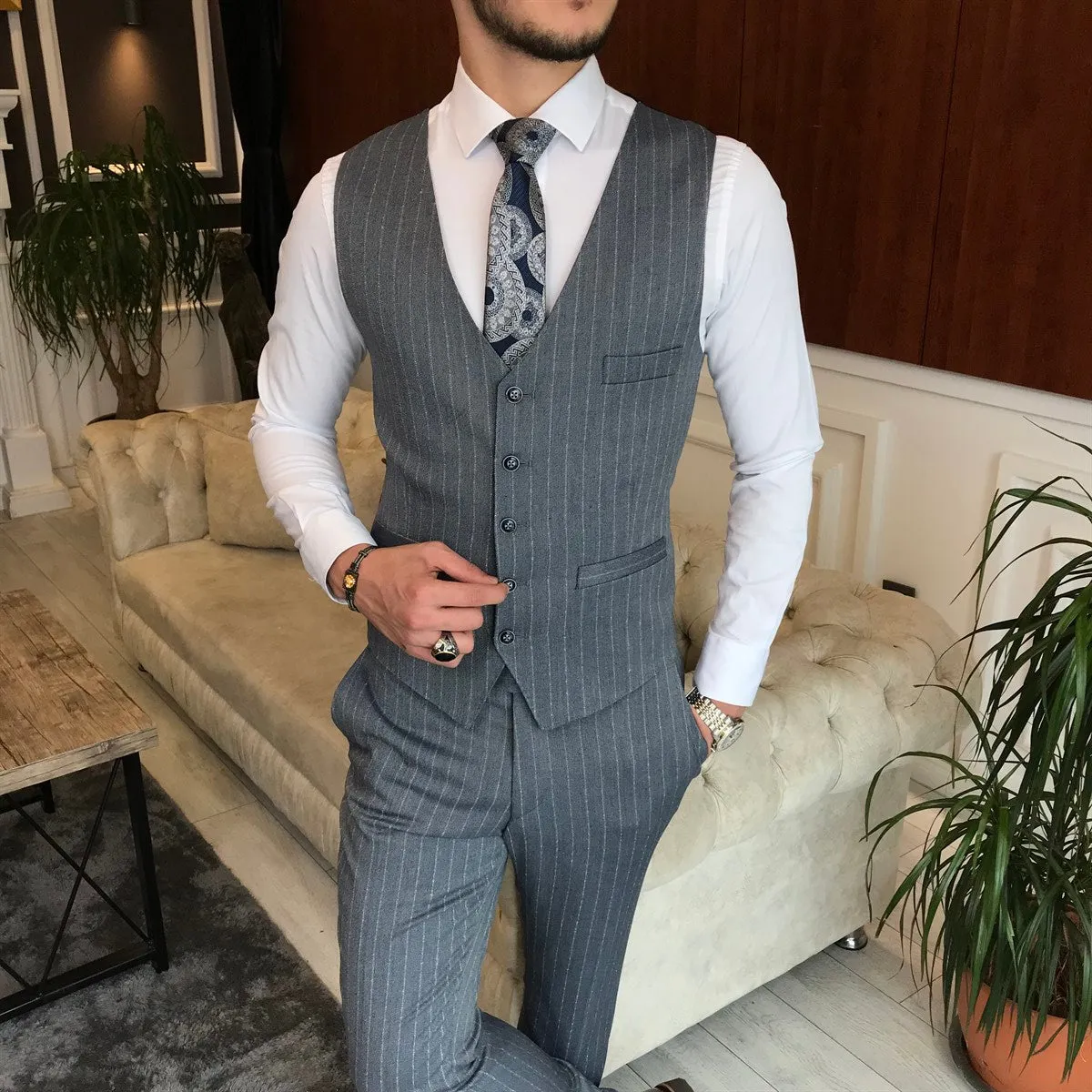 Bojoni Grey Striped Slim-Fit Suit 3-Piece