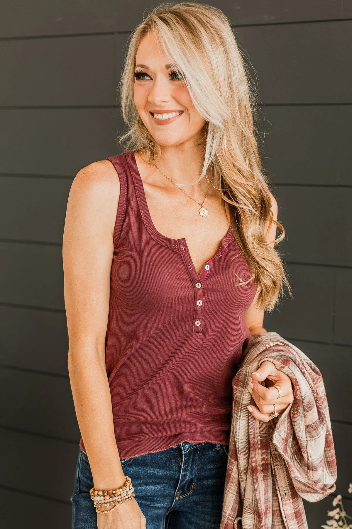 Bound To Be Beautiful Henley Tank Top- Burgundy