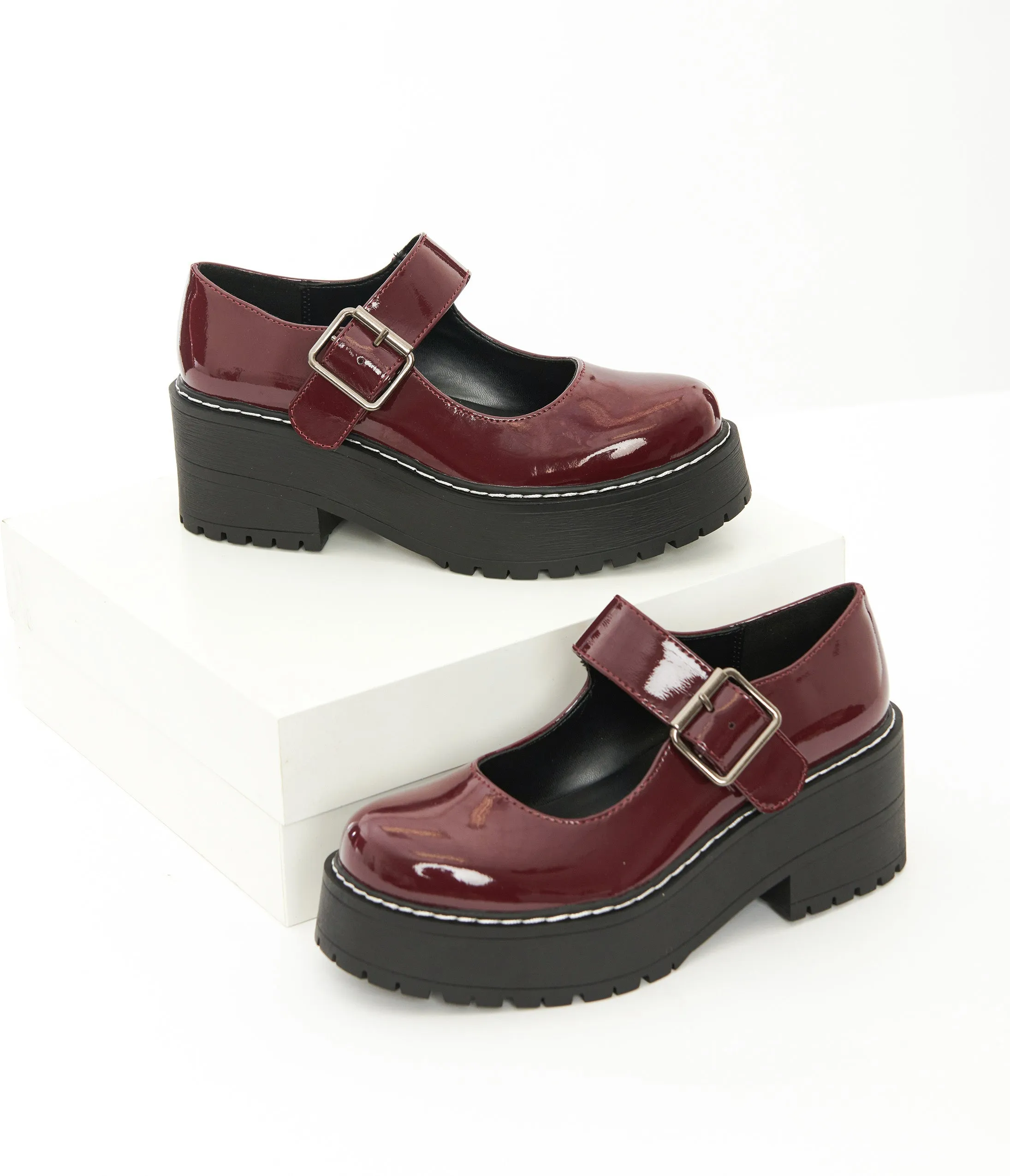 Burgundy Patent Leatherette Platform Mary Jane Heels