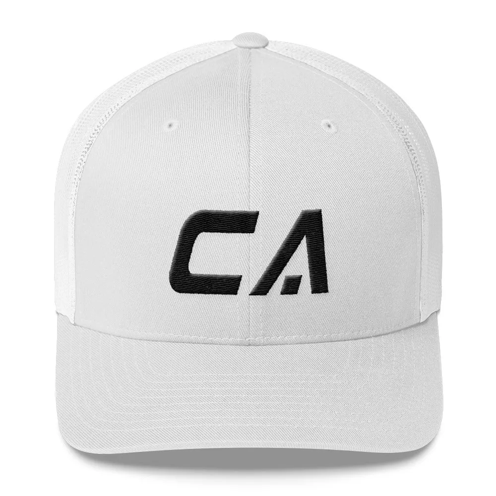 California - Mesh Back Trucker Cap - Black Embroidery - CA - Many Hat Color Options Available