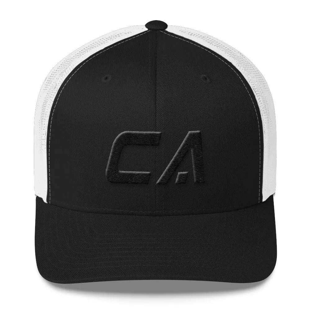 California - Mesh Back Trucker Cap - Black Embroidery - CA - Many Hat Color Options Available