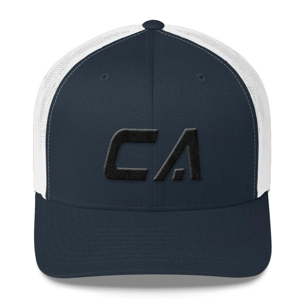 California - Mesh Back Trucker Cap - Black Embroidery - CA - Many Hat Color Options Available