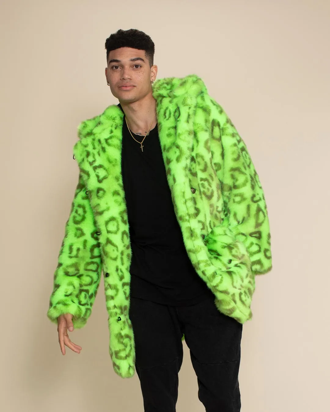 Classic Men's Faux Fur Coat | Neon Green Leopard