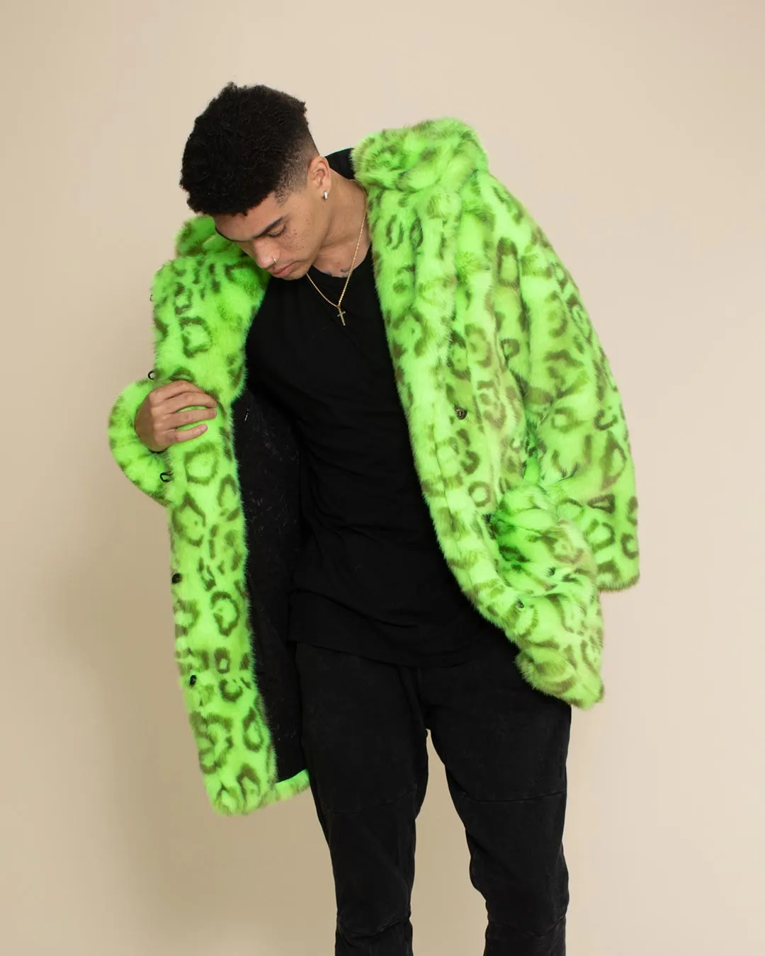 Classic Men's Faux Fur Coat | Neon Green Leopard