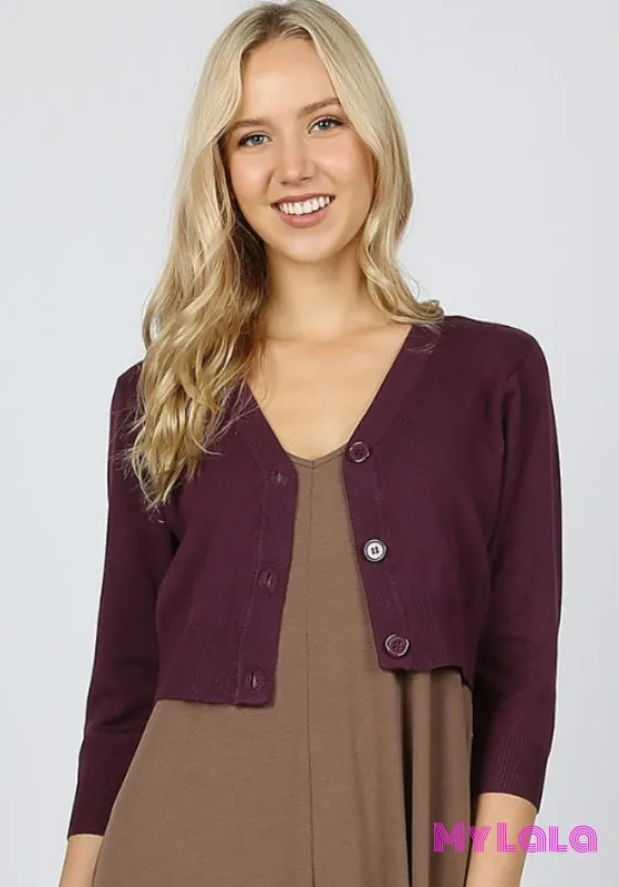 Curvy 3/4 Sleeve Bolero Cropped Sweater (Dk Plum)