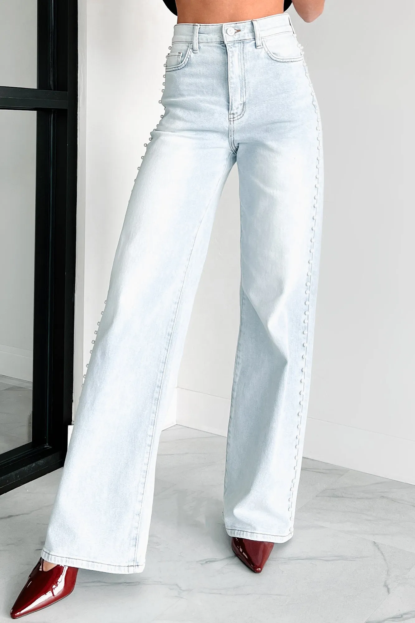 Cynthia High Rise Pearl Detail Vibrant Wide Leg Jeans (Light Stone)