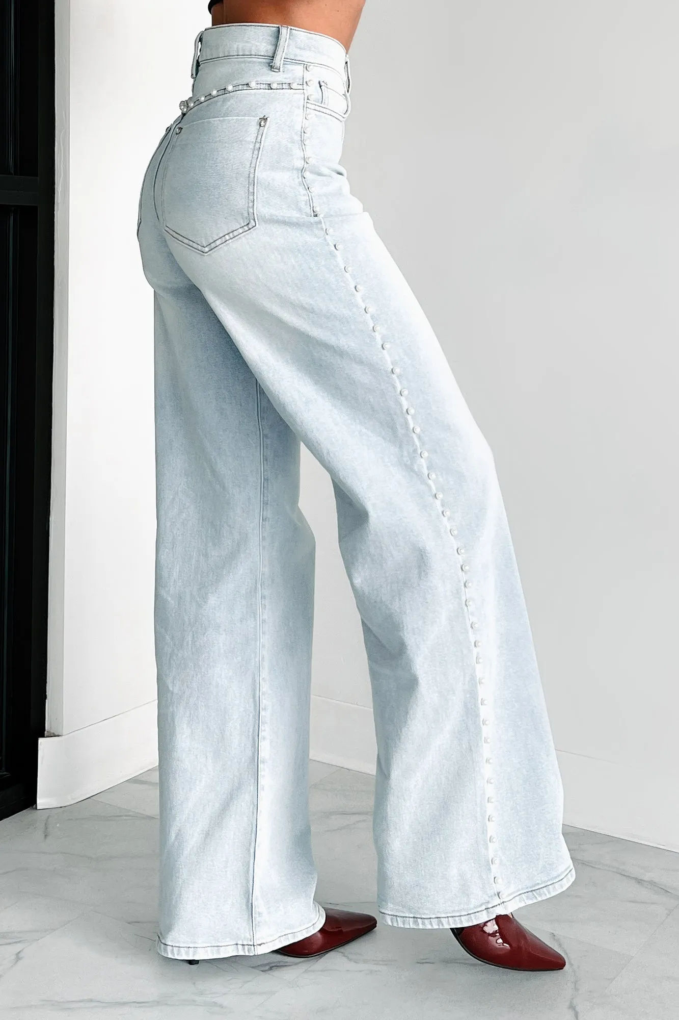 Cynthia High Rise Pearl Detail Vibrant Wide Leg Jeans (Light Stone)