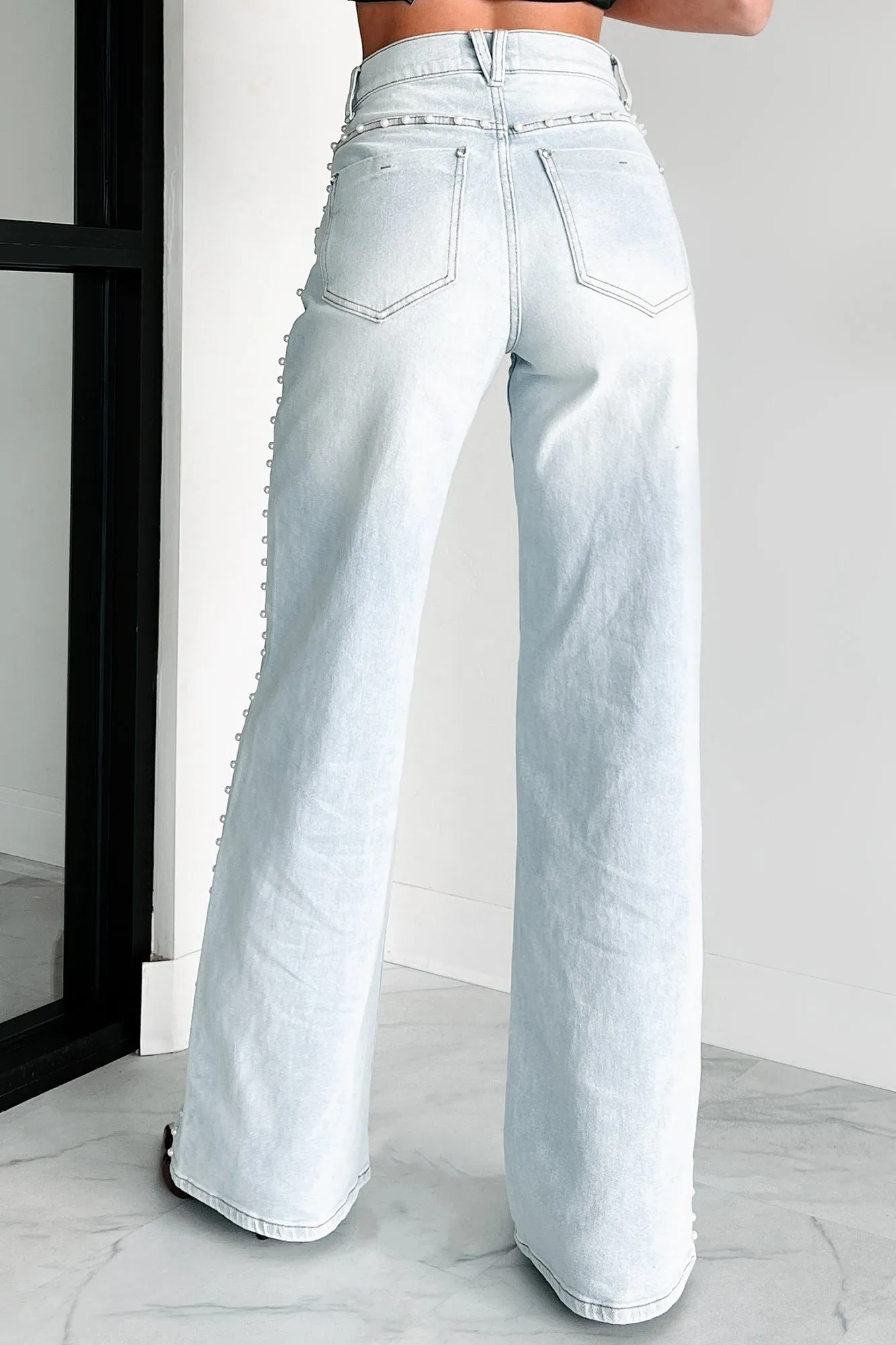 Cynthia High Rise Pearl Detail Vibrant Wide Leg Jeans (Light Stone)