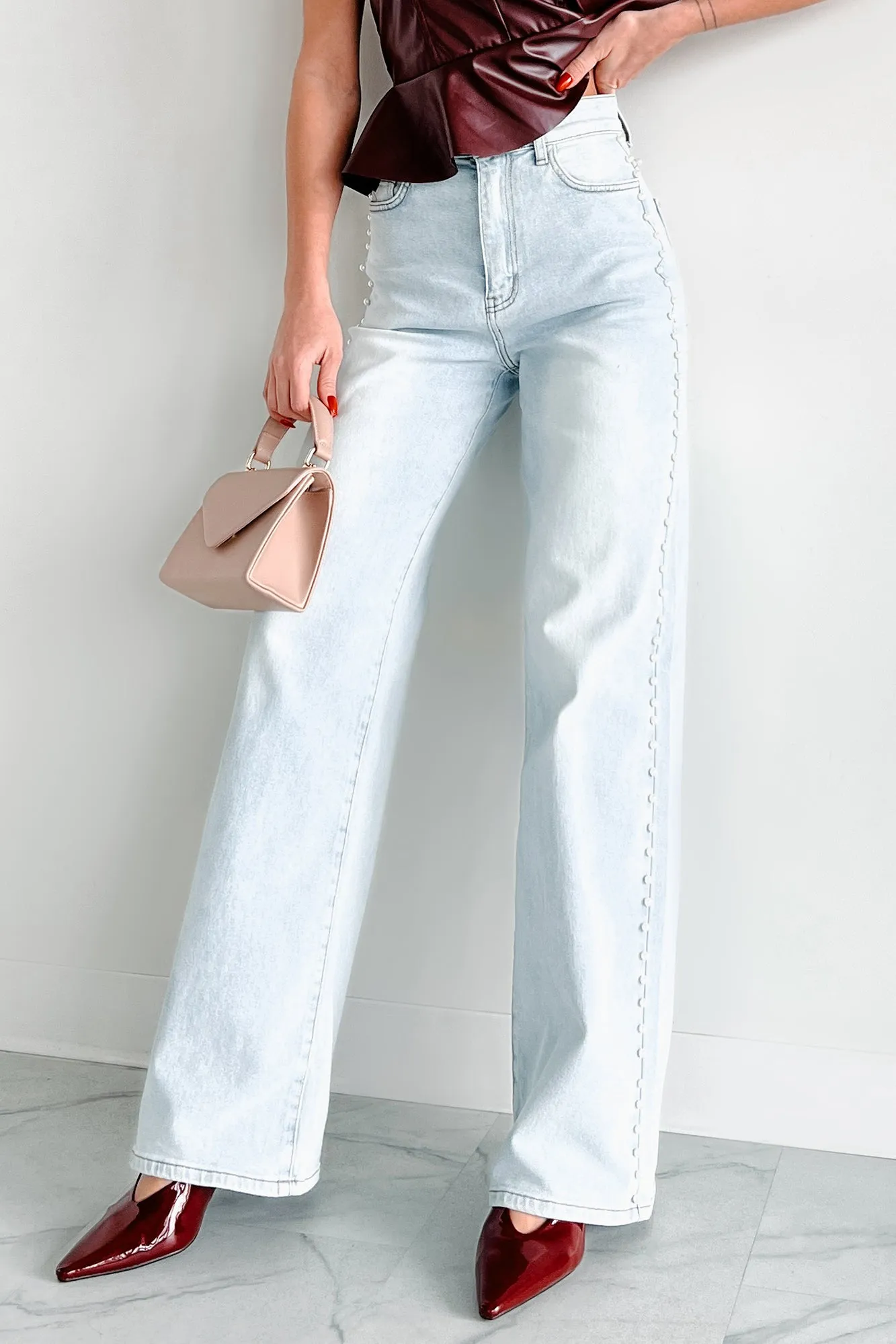 Cynthia High Rise Pearl Detail Vibrant Wide Leg Jeans (Light Stone)