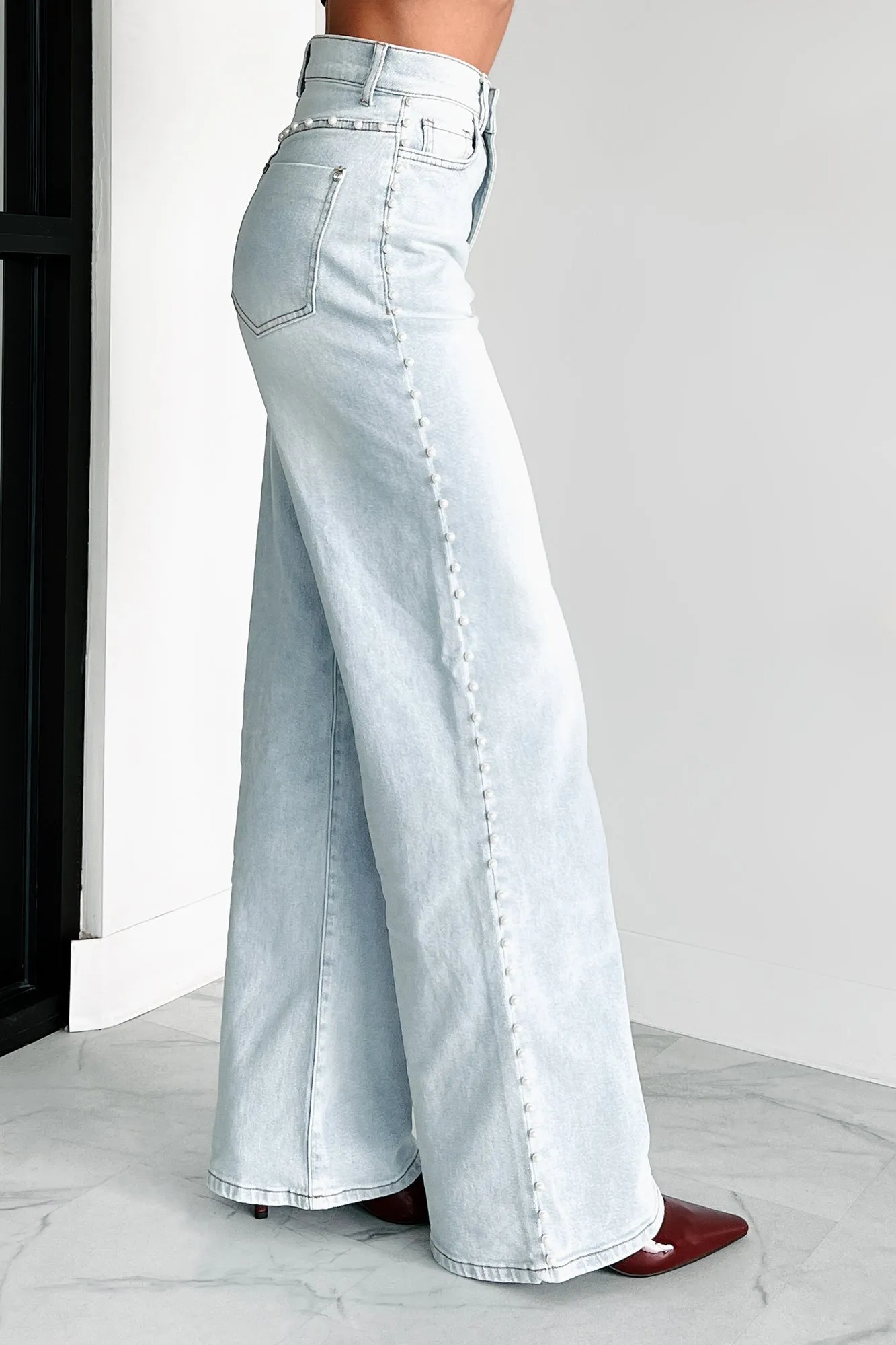 Cynthia High Rise Pearl Detail Vibrant Wide Leg Jeans (Light Stone)