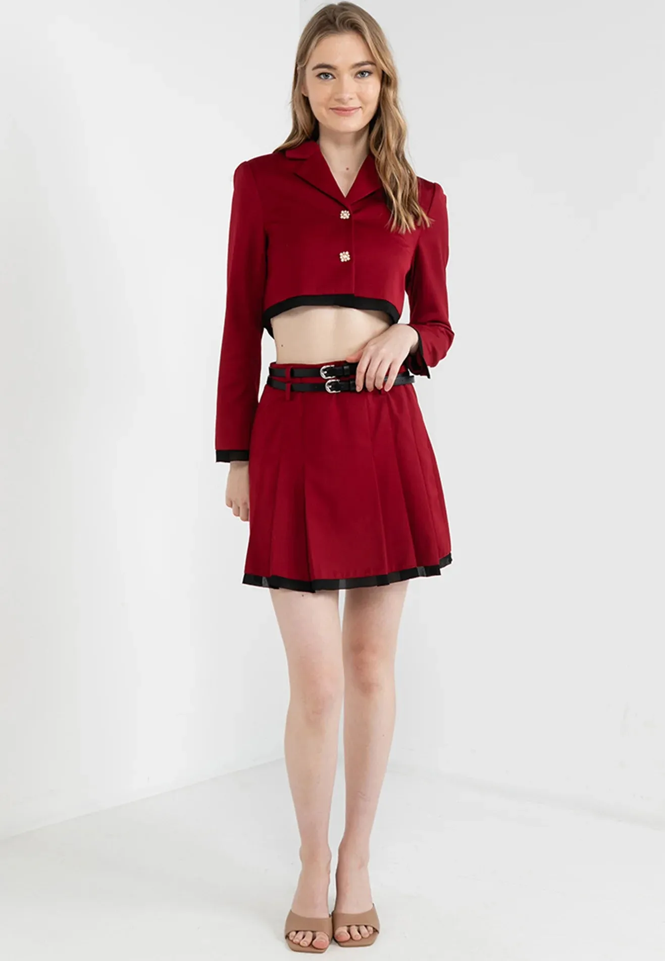 ELLE Apparel Double Belted Pleated Mini Skirt