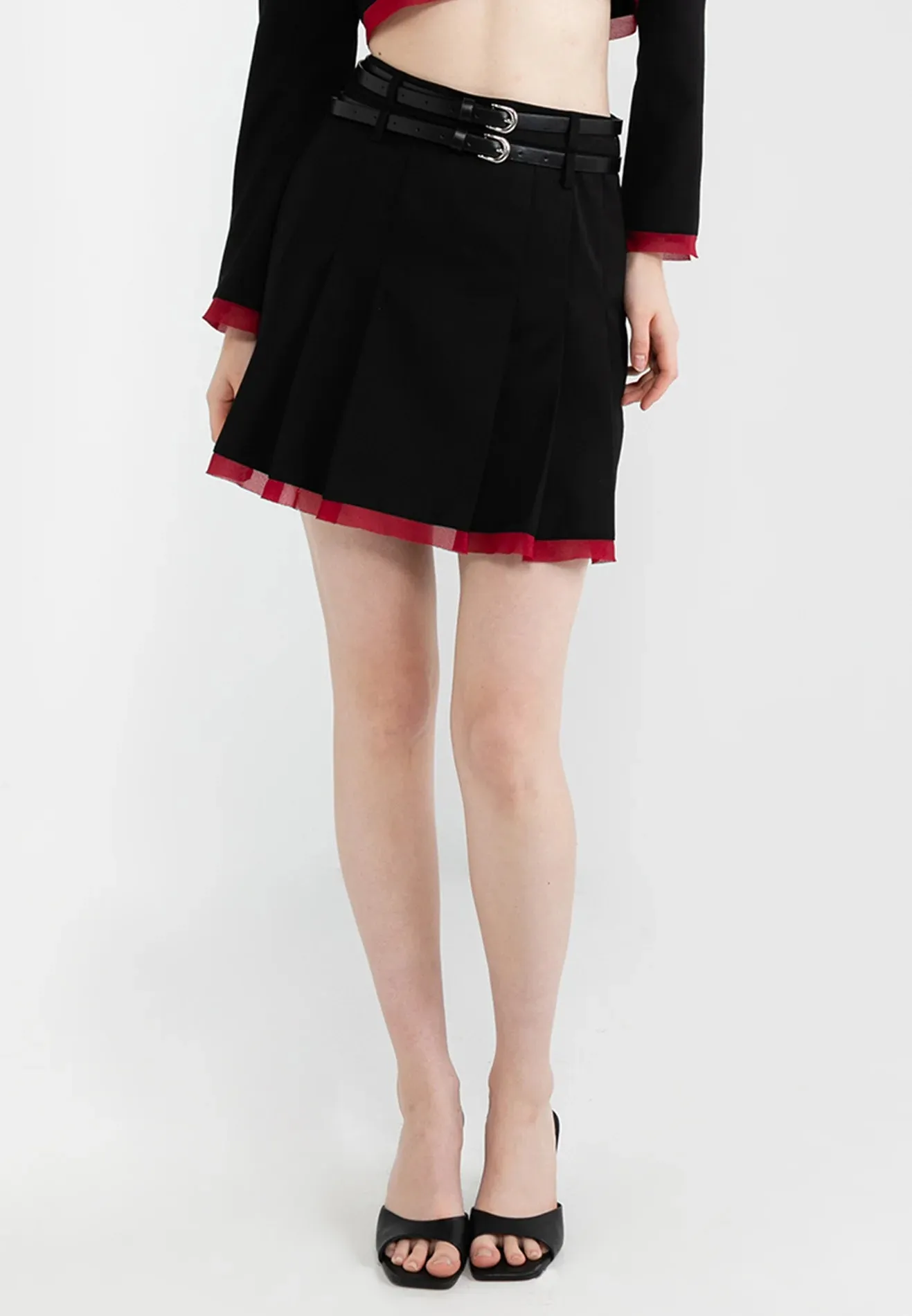 ELLE Apparel Double Belted Pleated Mini Skirt