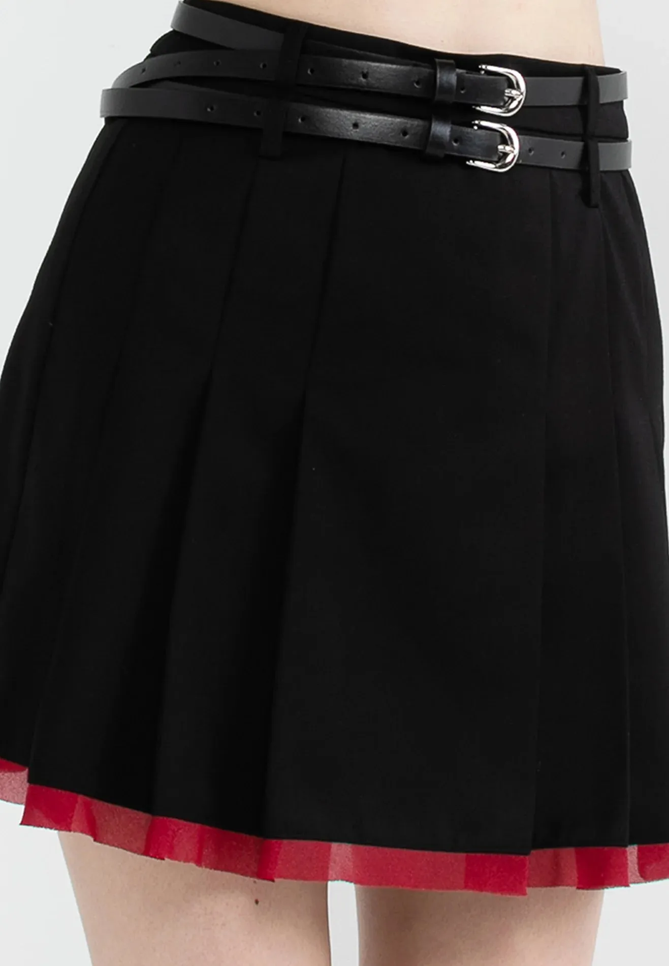 ELLE Apparel Double Belted Pleated Mini Skirt