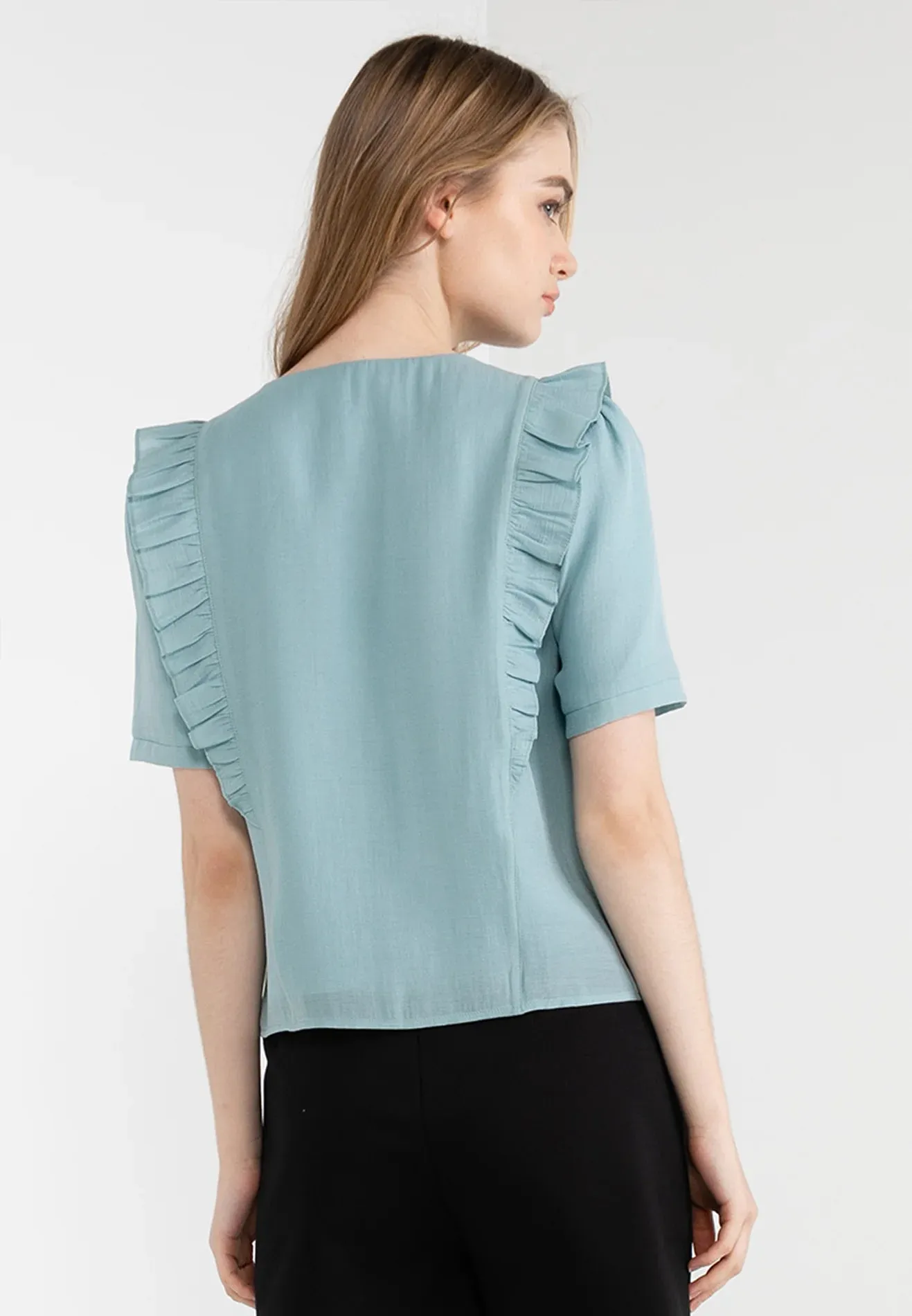 ELLE Apparel Ruffle Details Button Up Top