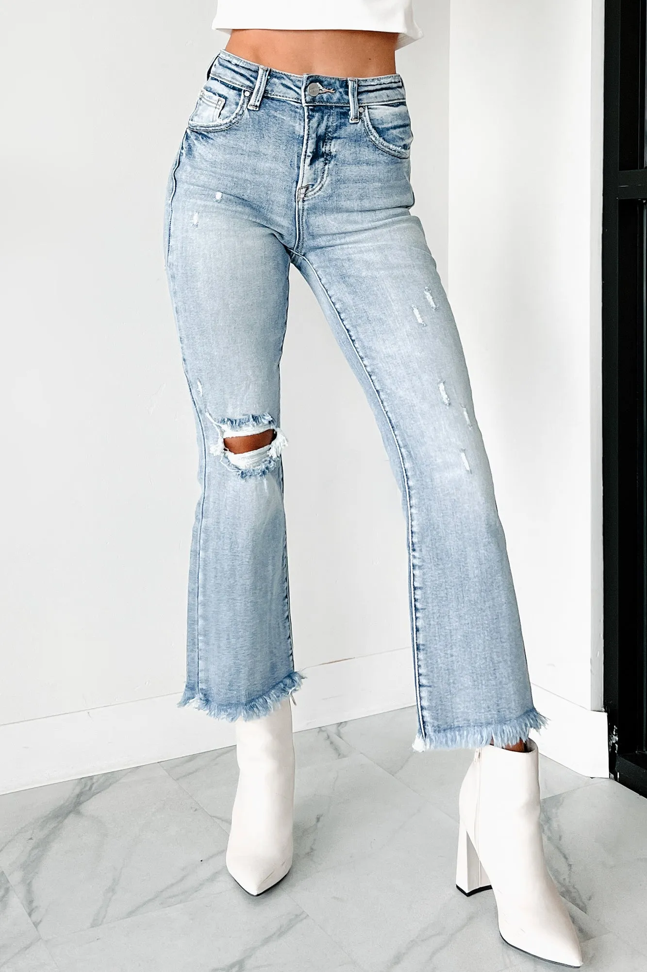 Eloise High Rise Distressed Crop Flare Risen Jeans (Medium)